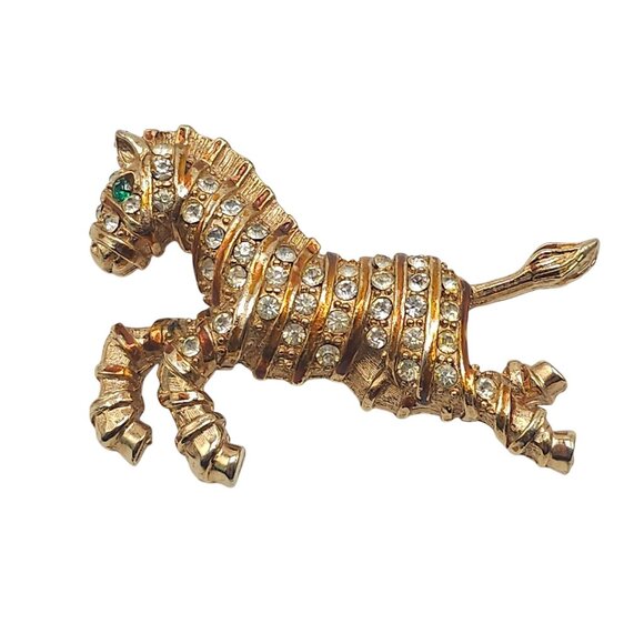 Vintage Gold Tone Zebra Brooch With Clear Rhinestones Green Eyes - Picture 1 of 4